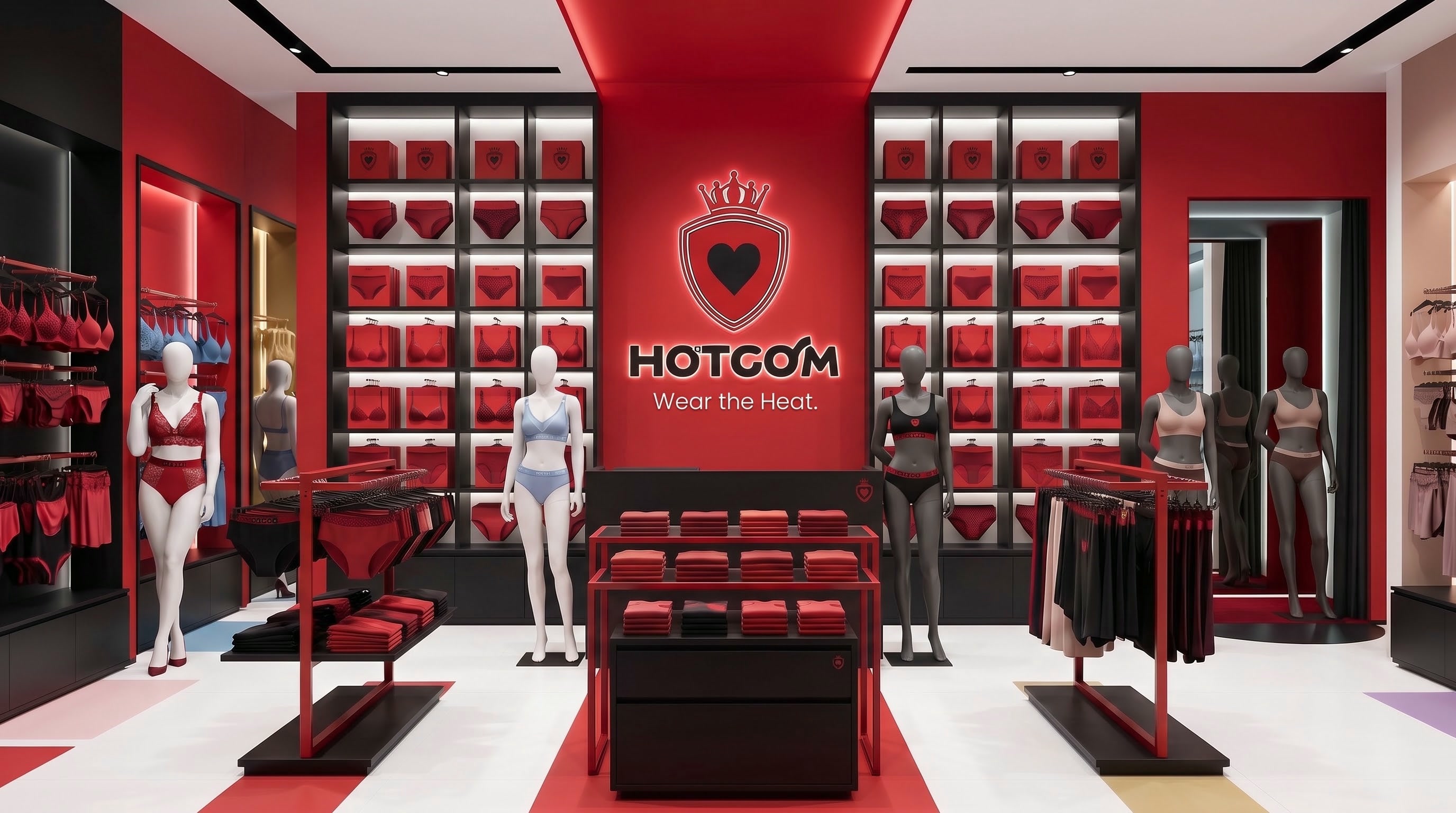 HOTCOM 红色主场店内陈列与五分支色彩分区