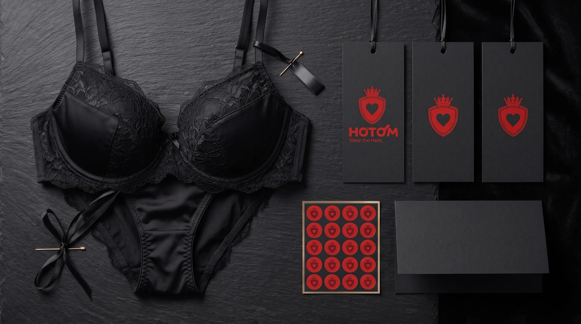 HOTCOM HEAT 红色吊牌、贴纸与护理卡
